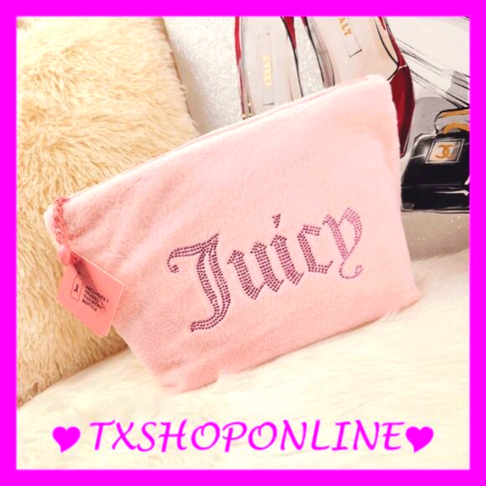 💗🌺{Juicy Couture} Pink Fuzzy Bling Logo Travel Cosmetic Bag 🌺💗 NWT